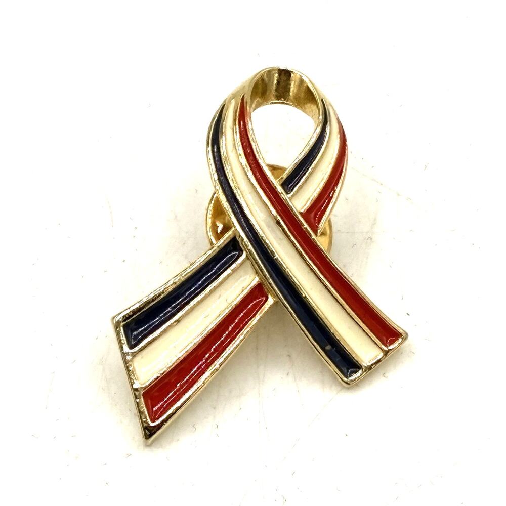 Red White Blue Patriotic Awareness Ribbon Lapel Pin Gold Tone USA